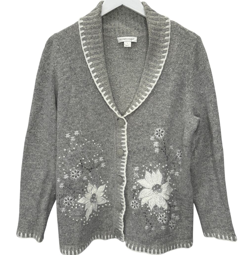 Christopher & Banks Womens Silk Blend Cardigan Sweater Gray Snowflakes XL Beaded